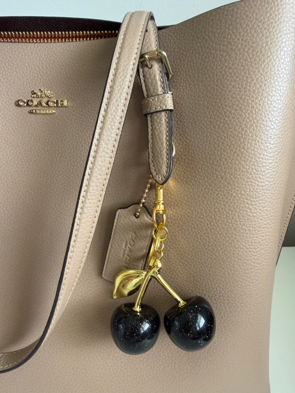COACH Taupe Leather Mollie Tote Bag with Scarf, cherry charm and wristlet - Picture 4 of 14